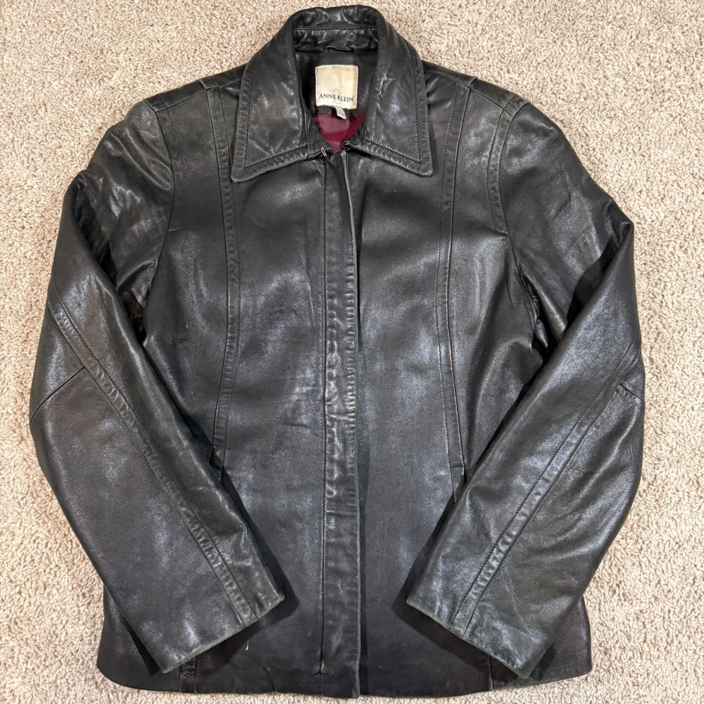 Anne Klein Leather Jacket Women Medium Black Fair Lambskin Moto Classic Biker